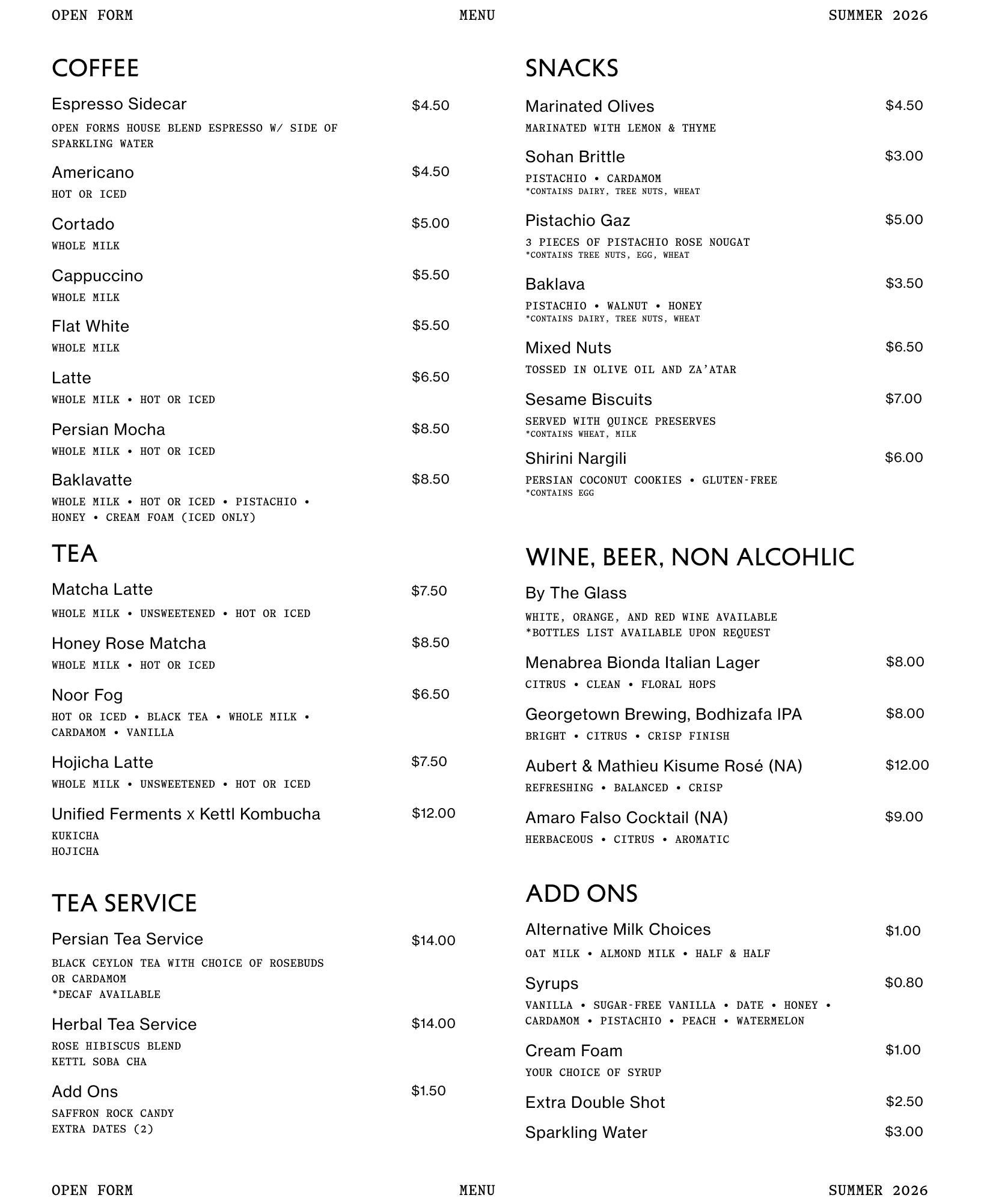seattle cafe/wine bar menu with coffee, snacks, tea, wine, beer, and non-alcoholic options listed.